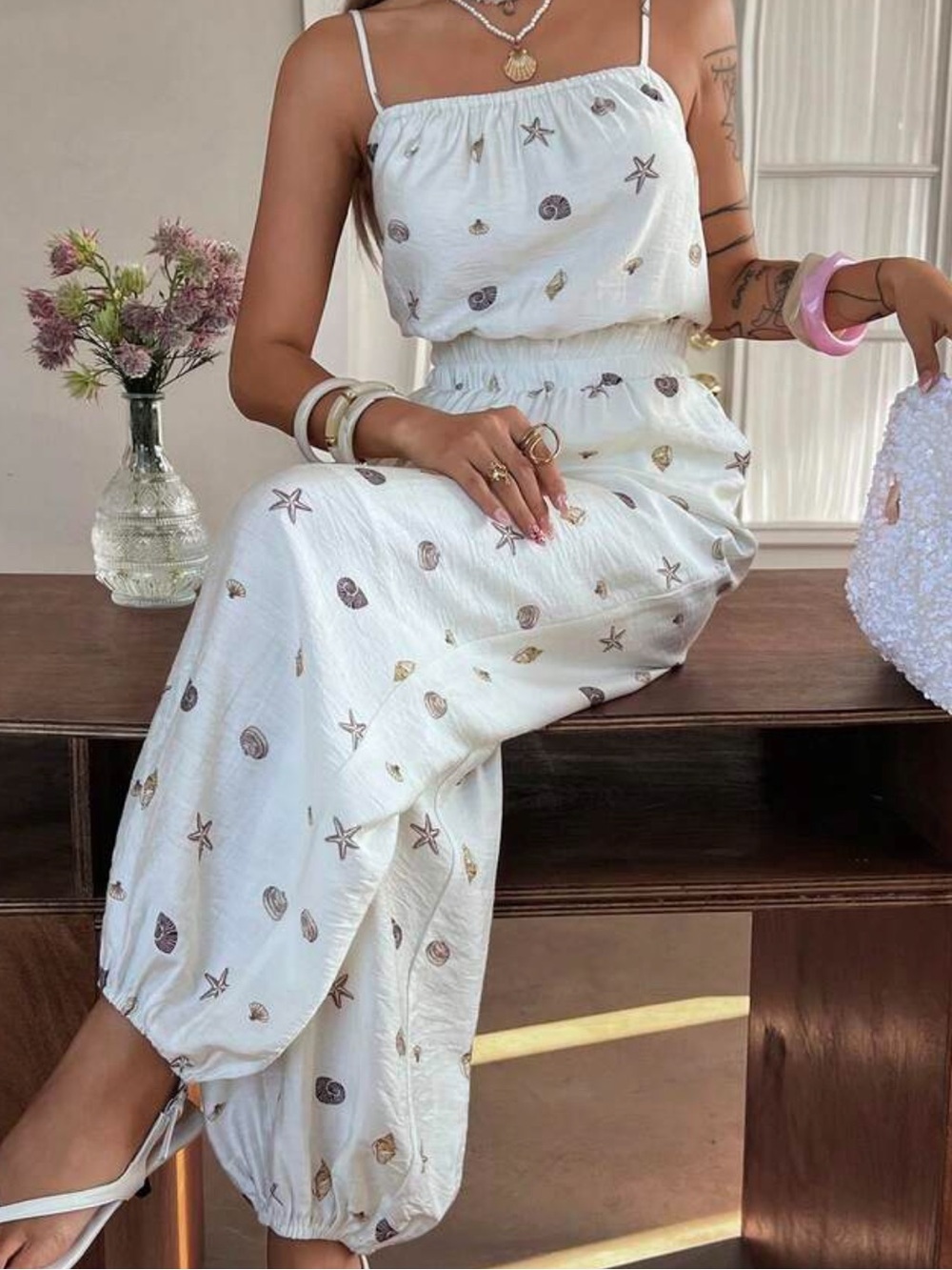 Coastal Seashell Print Jumpsuit Romper | Size Large | Beach Vacation Resortwear
